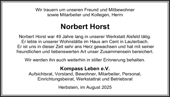 Traueranzeige von Norbert Horst von Oberhessische Zeitung