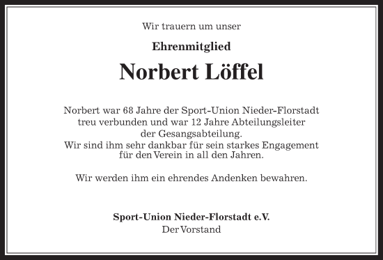 Traueranzeige von Norbert Löffel von Wetterauer Zeitung