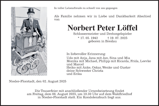 Traueranzeige von Norbert Peter Löffel von Wetterauer Zeitung