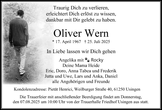 Traueranzeige von Oliver Wern von Usinger Anzeiger