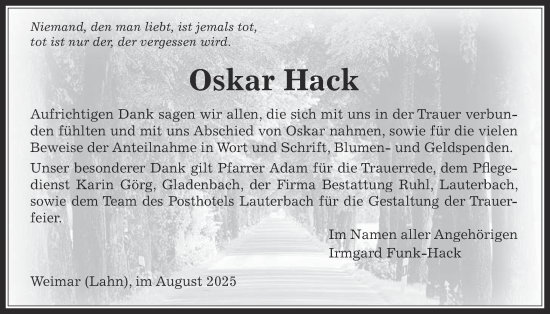 Traueranzeige von Oskar Hack von Lauterbacher Anzeiger