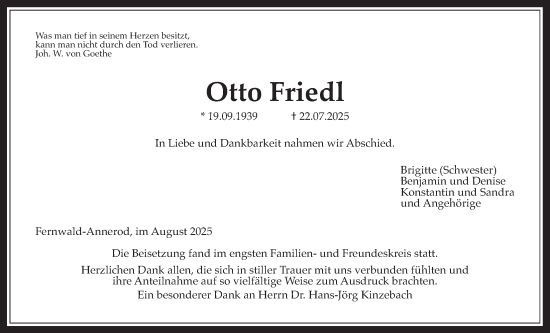 Traueranzeige von Otto Friedl von Giessener Anzeiger