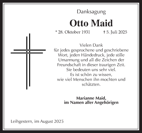 Traueranzeige von Otto Maid von Giessener Allgemeine, Alsfelder Allgemeine, Giessener Anzeiger