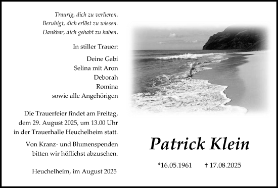 Traueranzeige von Patrick Klein von Giessener Allgemeine, Alsfelder Allgemeine