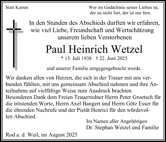 Traueranzeige von Paul Heinrich Wetzel von Usinger Anzeiger