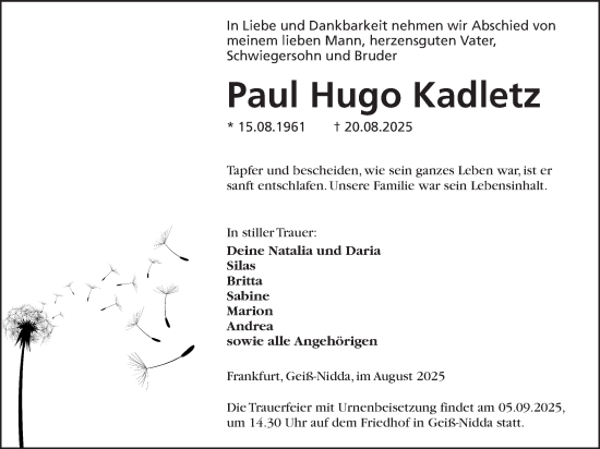 Traueranzeige von Paul Hugo Kadletz von Kreis-Anzeiger