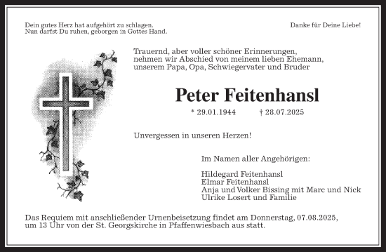 Traueranzeige von Peter Feitenhansl von Usinger Anzeiger