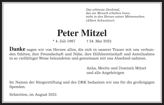 Traueranzeige von Peter Mitzel von Usinger Anzeiger, Usinger Anzeigenblatt
