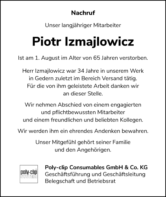 Traueranzeige von Piotr Izmajlowicz von Kreis-Anzeiger