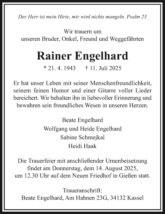 Traueranzeige von Rainer Engelhard von Giessener Allgemeine, Alsfelder Allgemeine