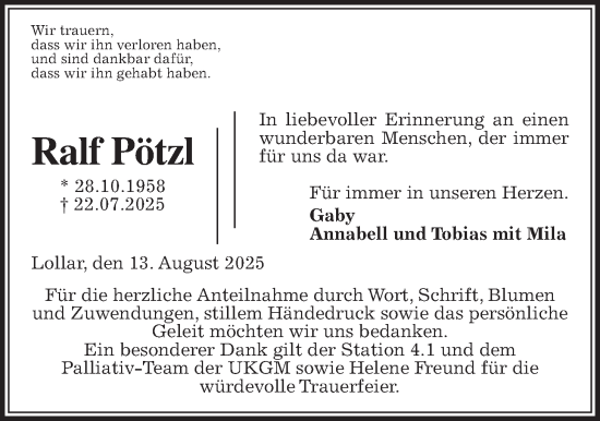 Traueranzeige von Ralf Pötzl von Giessener Allgemeine, Giessener Anzeiger, Alsfelder Allgemeine