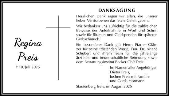 Traueranzeige von Regina Preis von Giessener Allgemeine, Alsfelder Allgemeine, Giessener Anzeiger