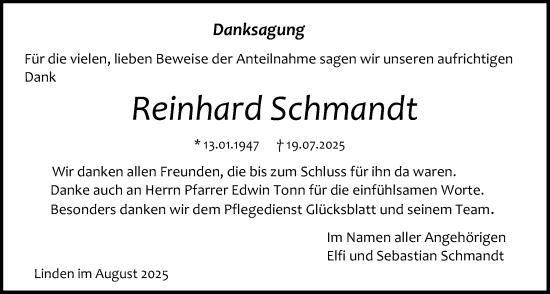 Traueranzeige von Reinhard Schmandt von Giessener Anzeiger