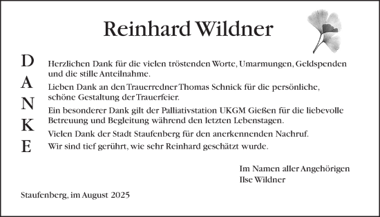 Traueranzeige von Reinhard Wildner von Giessener Anzeiger, Giessener Allgemeine, Alsfelder Allgemeine
