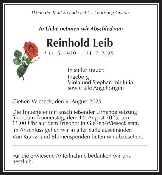 Traueranzeige von Reinhold Leib von Giessener Allgemeine, Alsfelder Allgemeine, Giessener Anzeiger