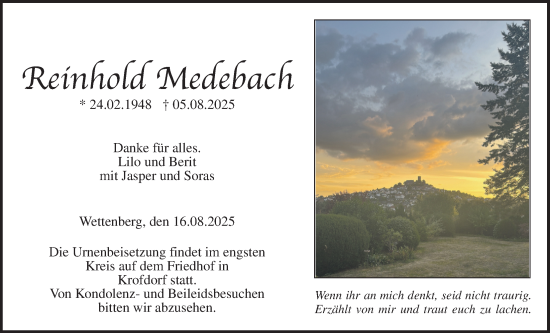 Traueranzeige von Reinhold Medebach von Giessener Allgemeine, Alsfelder Allgemeine