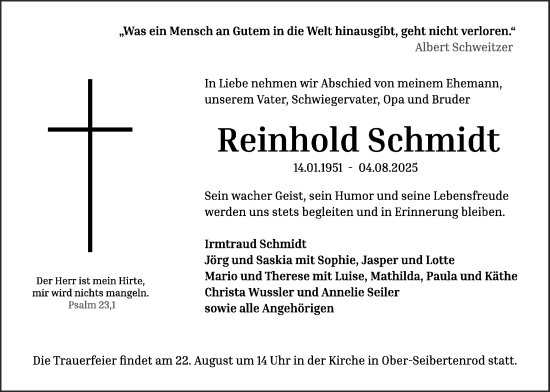 Traueranzeige von Reinhold Schmidt von Lauterbacher Anzeiger, Alsfelder Allgemeine, Oberhessische Zeitung