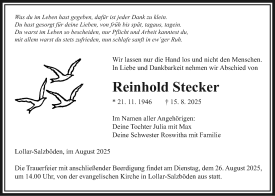Traueranzeige von Reinhold Stecker von Giessener Anzeiger, Giessener Allgemeine, Alsfelder Allgemeine