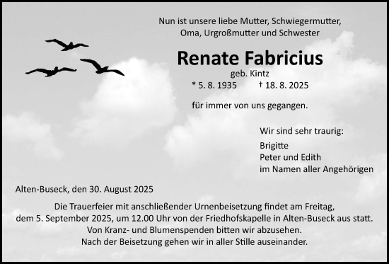 Traueranzeige von Renate Fabricius von Giessener Allgemeine, Alsfelder Allgemeine
