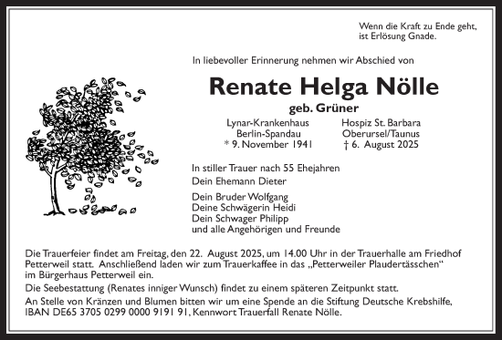 Traueranzeige von Renate Helga Nölle von Wetterauer Zeitung, Bad Vilbel/Karben