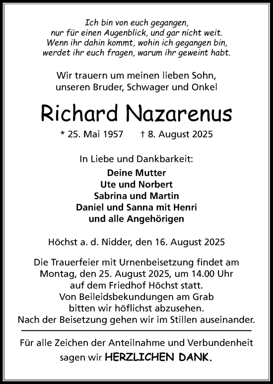 Traueranzeige von Richard Nazarenus von Kreis-Anzeiger