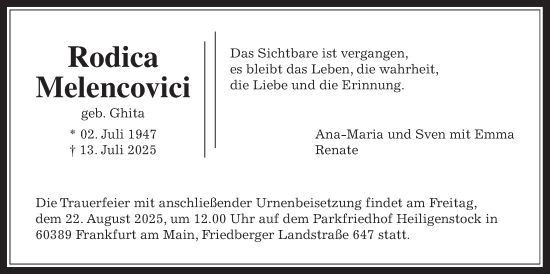 Traueranzeige von Rodica Melencovici von Bad Vilbel/Karben