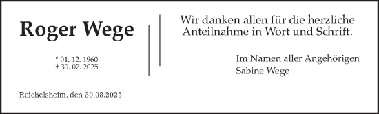 Traueranzeige von Roger Wege von Wetterauer Zeitung
