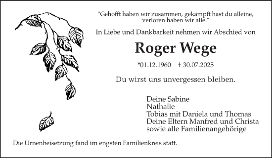 Traueranzeige von Roger Wege von Wetterauer Zeitung