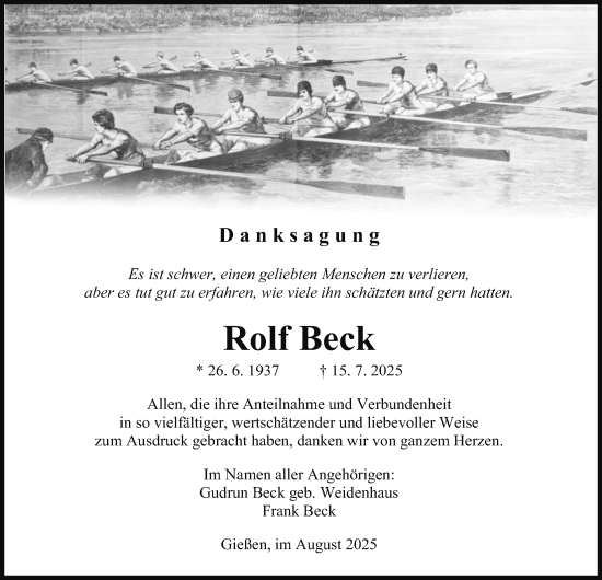 Traueranzeige von Rolf Beck von Giessener Allgemeine, Alsfelder Allgemeine, Giessener Anzeiger