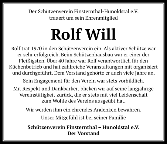 Traueranzeige von Rolf Will von Usinger Anzeiger