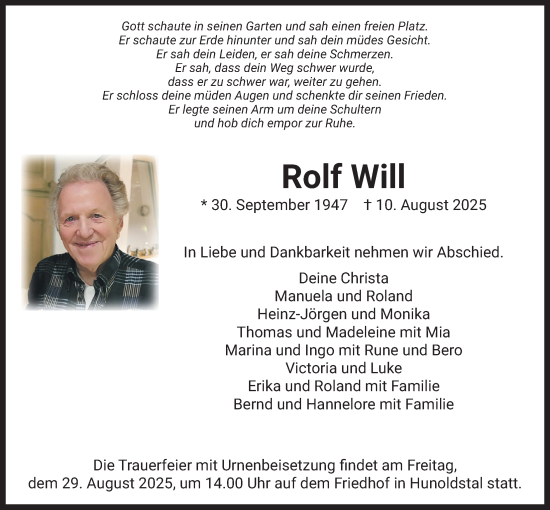 Traueranzeige von Rolf Will von Usinger Anzeiger, Usinger Anzeigenblatt