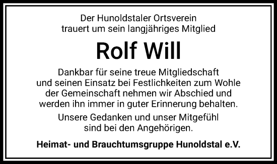 Traueranzeige von Rolf Will von Usinger Anzeiger
