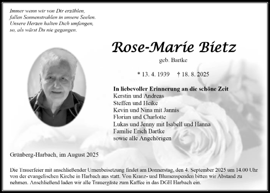 Traueranzeige von Rose-Marie Bietz von Giessener Allgemeine, Alsfelder Allgemeine, Giessener Anzeiger