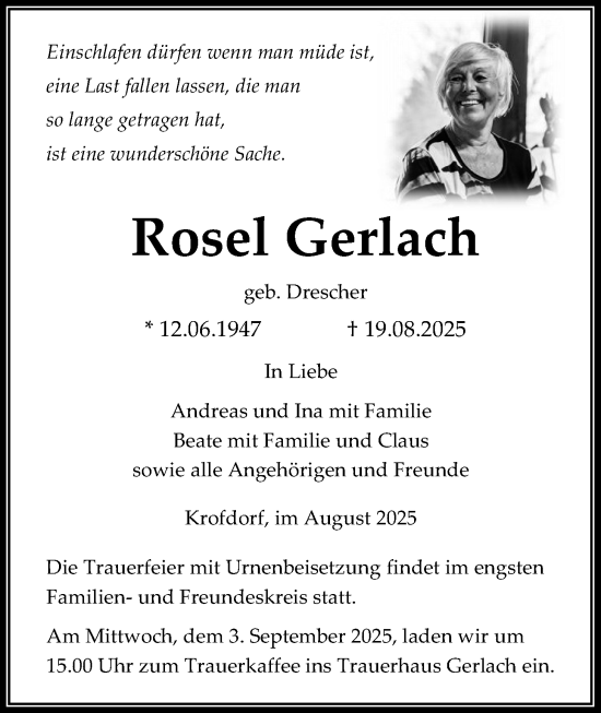 Traueranzeige von Rosel Gerlach von Giessener Anzeiger