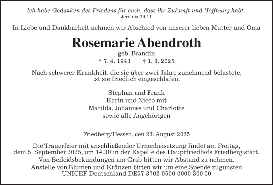Traueranzeige von Rosemarie Abendroth von Wetterauer Zeitung
