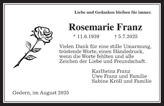 Traueranzeige von Rosemarie Franz von Kreis-Anzeiger