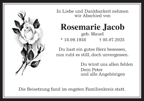 Traueranzeige von Rosemarie Jacob von Giessener Anzeiger, Wetterauer Zeitung