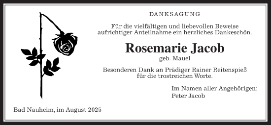 Traueranzeige von Rosemarie Jacob von Wetterauer Zeitung, Giessener Anzeiger