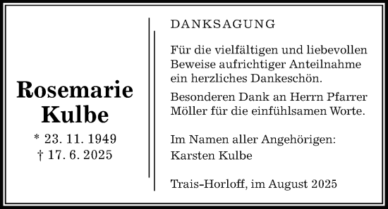 Traueranzeige von Rosemarie Kulbe von Licher Wochenblatt