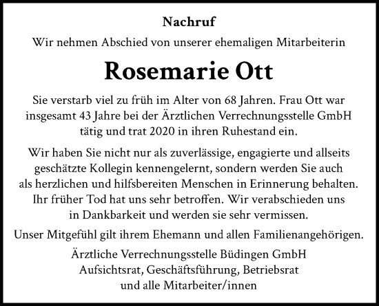 Traueranzeige von Rosemarie Ott von Kreis-Anzeiger