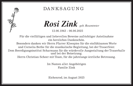 Traueranzeige von Rosi Zink von Lauterbacher Anzeiger