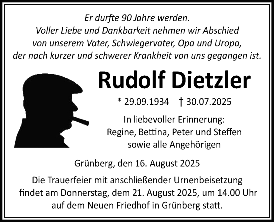 Traueranzeige von Rudolf Dietzler von Giessener Allgemeine, Alsfelder Allgemeine