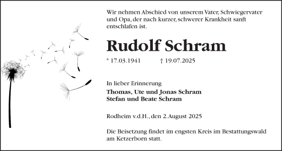 Traueranzeige von Rudolf Schram von Wetterauer Zeitung