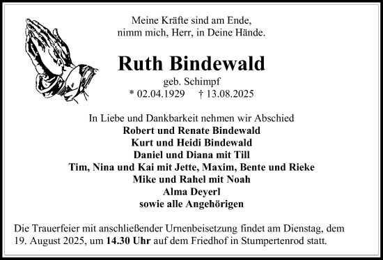 Traueranzeige von Ruth Bindewald von Oberhessische Zeitung