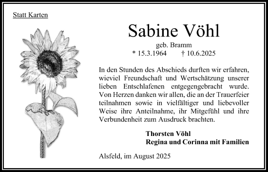 Traueranzeige von Sabine Vöhl von Oberhessische Zeitung