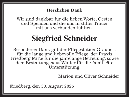 Traueranzeige von Siegfried Schneider von Wetterauer Zeitung