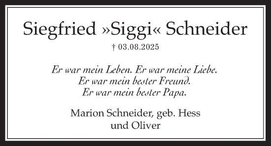 Traueranzeige von Siegfried Schneider von Wetterauer Zeitung