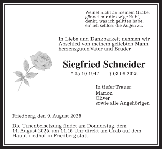 Traueranzeige von Siegfried Schneider von Wetterauer Zeitung