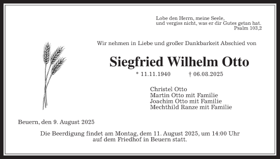 Traueranzeige von Siegfried Wilhelm  Otto von Giessener Allgemeine, Alsfelder Allgemeine, Giessener Anzeiger