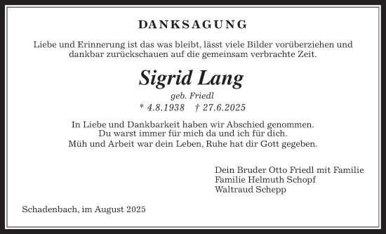 Traueranzeige von Sigrid Lang von Alsfelder Allgemeine, Oberhessische Zeitung